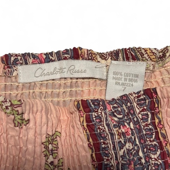 VTG y2k Charlotte Russe Boho Mini Skirt Sz 7 Pink Paisley Smocked Waist Lace Hem - Picture 4 of 4